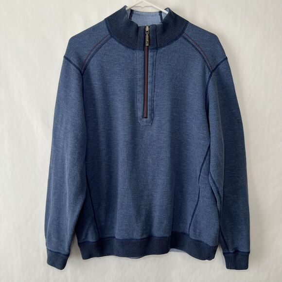 Tommy Bahama Reversible 1/4 Zip Sweater Mens Size Large Blue Mock Neck Knit - Picture 1 of 11